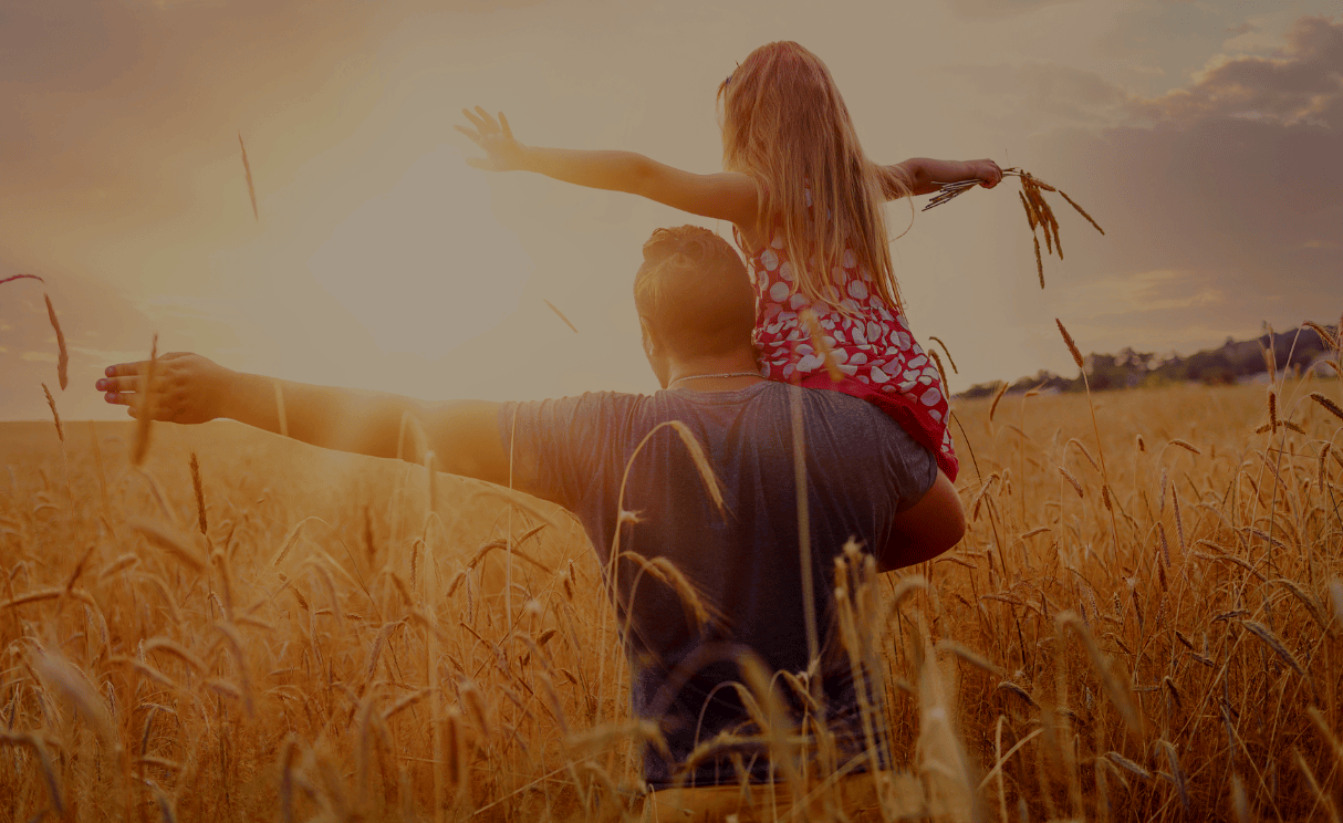 Father and daughter in wheat field hold arms in during sunset