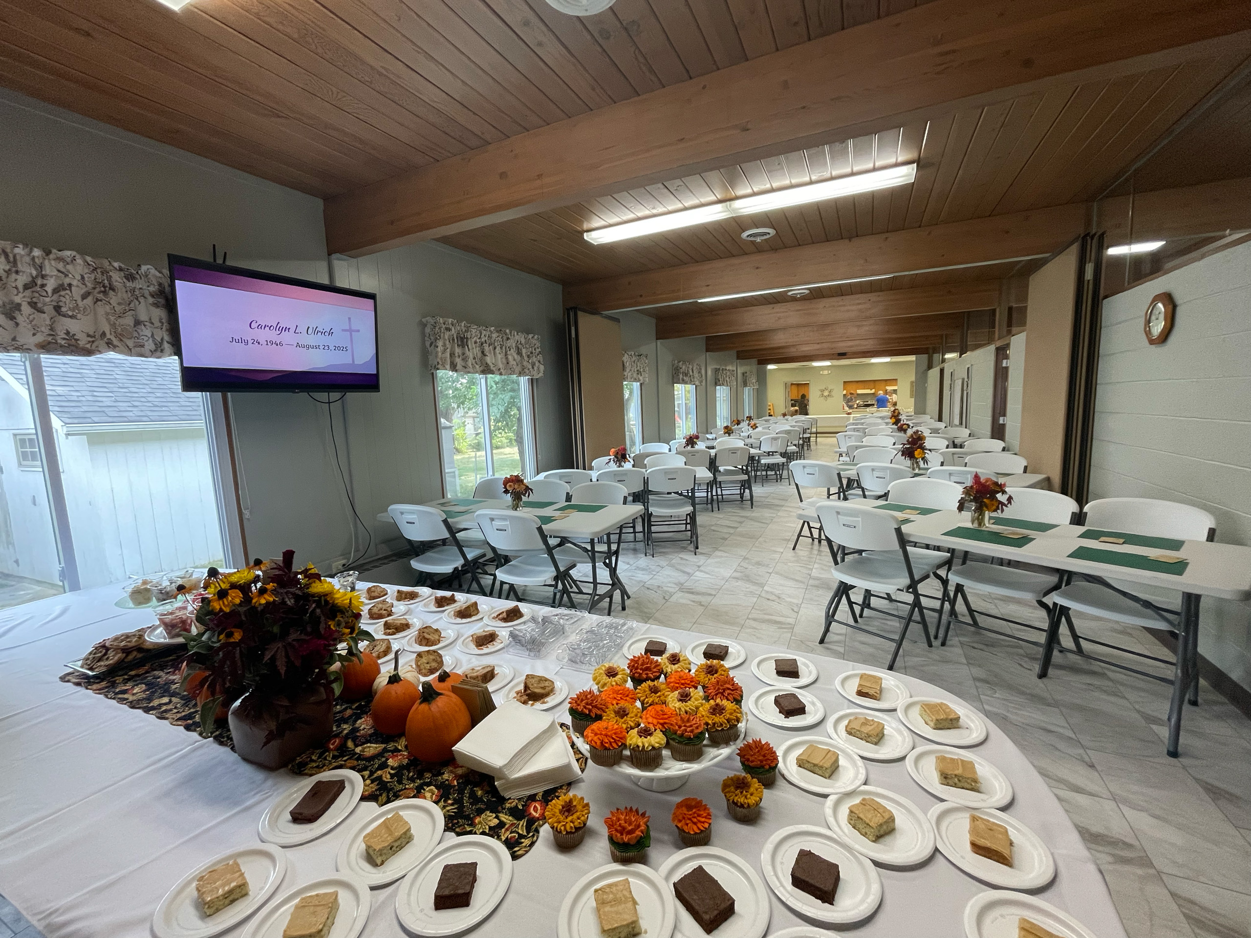 Empty community room prepared for a large party